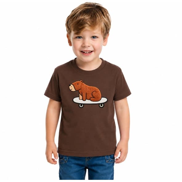 Camiseta Infantil 100% Algodão Fio 30.1 Estampa Capivara Skate Auto Relevo Premium Unissex