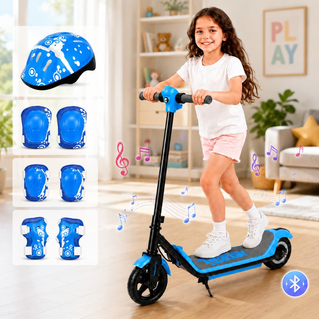 Patinete Infantil Elétrico para Menina Motor Elétrico 110W Bateria 24V Até 60kg Música Bluetooth Freio Eletrônico Azul
