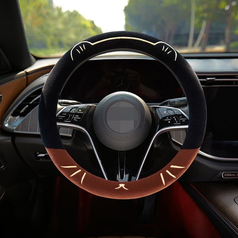 Capa de volante bordada com orelha de gato, estoque pronto, Universal, lã curta, capa de volante de carro