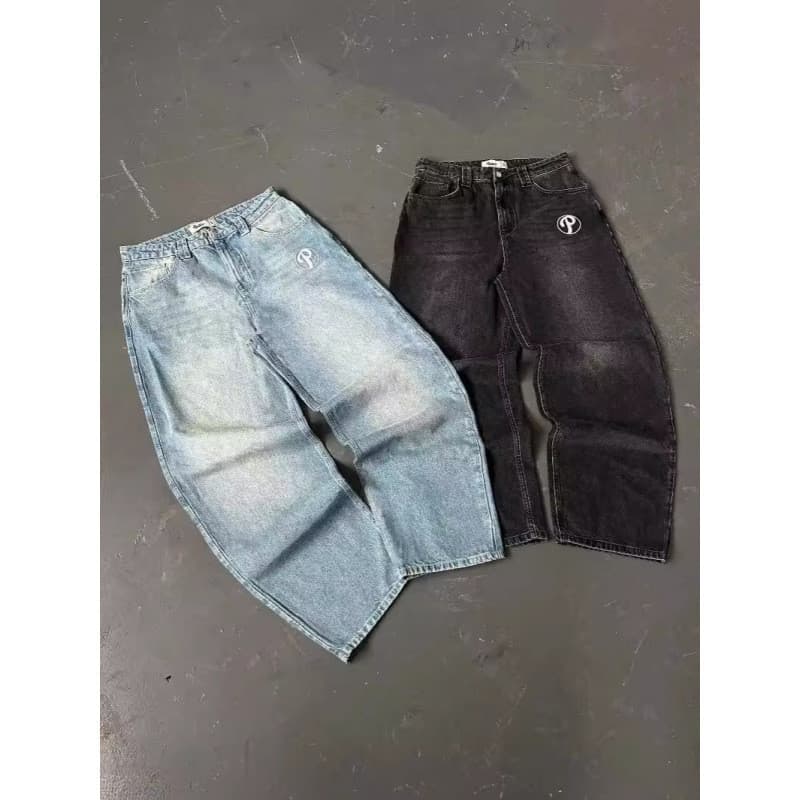 Jeans de rua Y2K Harajuku Hip Hop letras Retro azul solto cintura alta calças largas perna pronto estoque