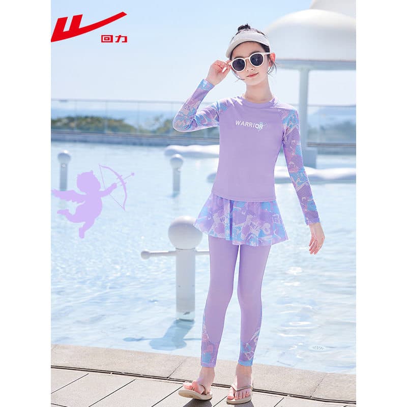 Novo estilo puxar para trás meninas dividir maiô de manga comprida saia longa estilo crianças protetor solar de secagem