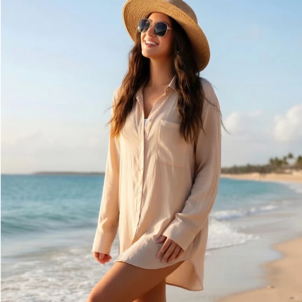 Chemise Feminina Manga Longa Elegante Saída Praia Elegante