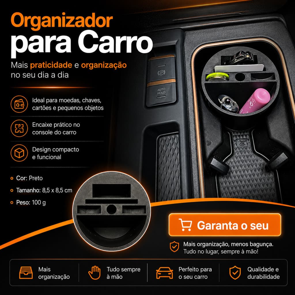 Organizador para Porta Copos do Carro Moedas Chaves Cartões Preto