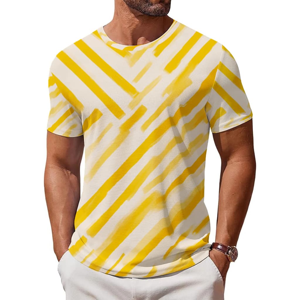 Masculino Listra Amarela Impressão Em Torno Do Pescoço Manga Curta Topos Mínimo Estilo Fresco Solto Versátil Diário Casu