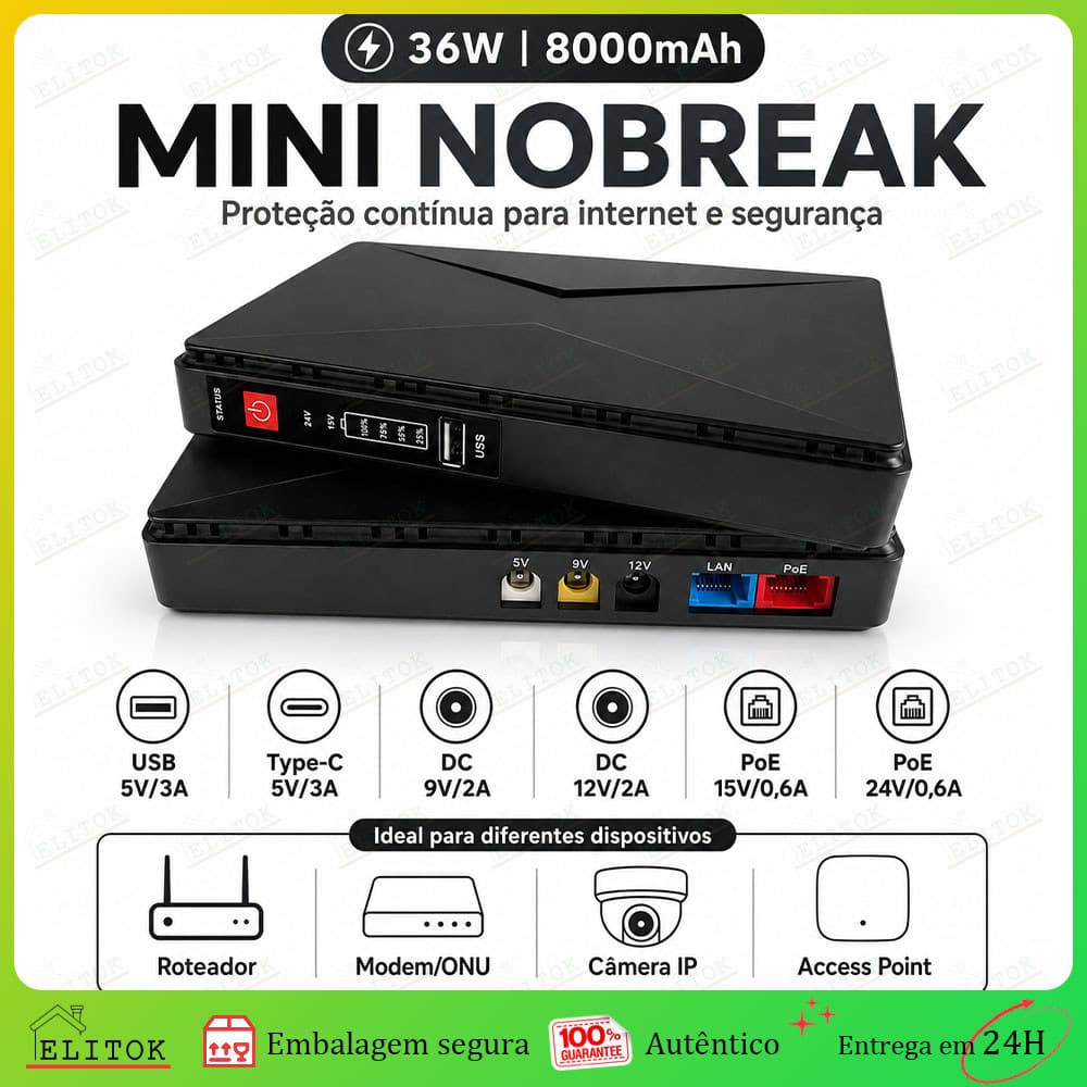 Nobreak Mini UPS 36W 8000mAh – 5V 9V 12V PoE – Bateria Reserva Para Roteador WiFi, Modem ONU E CFTV
