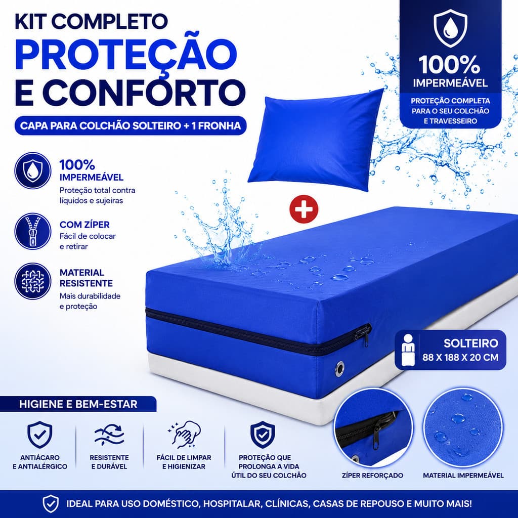Capa + Fronha Impermeável Hospitalar Protetor De Colchão Napa Premium