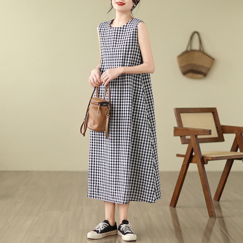 Novo estilo versão coreana xadrez sem mangas vestido longo Plus Size feminino verão moda All-Match cobrindo carne mais m