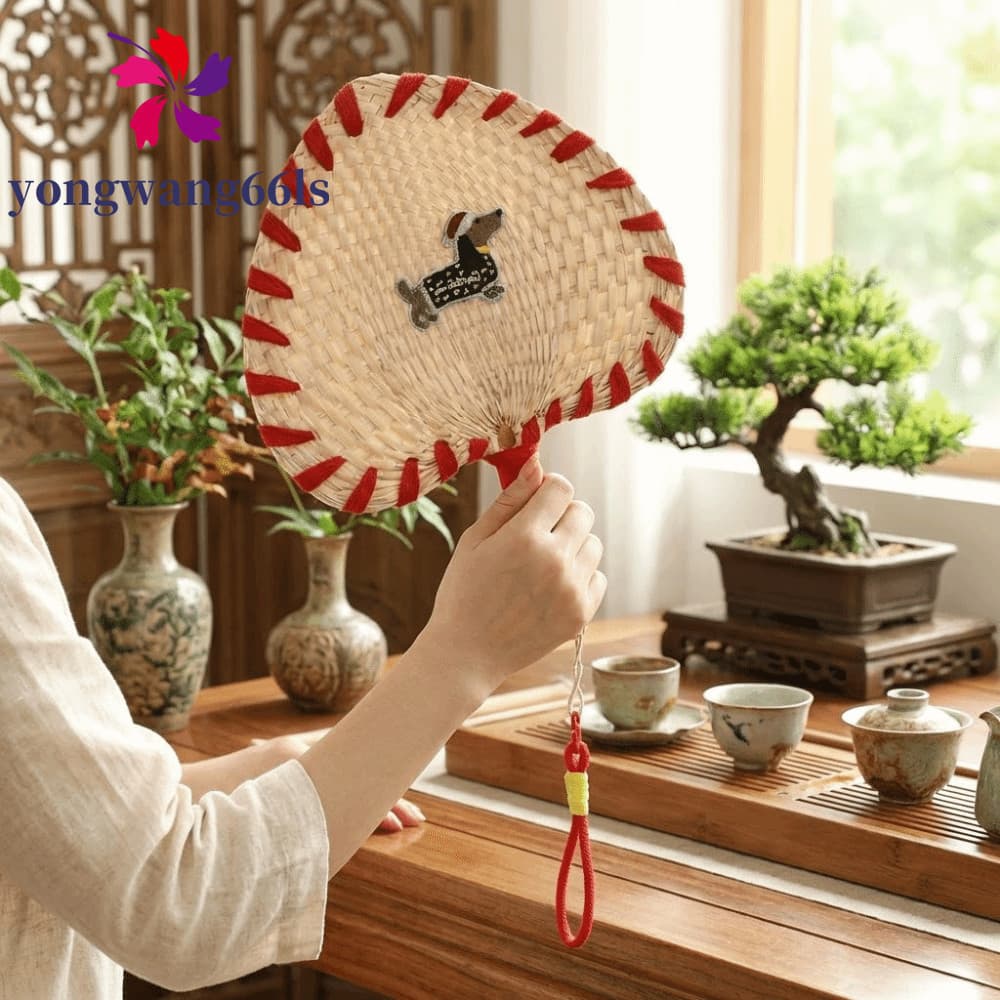 Ventilador Tecido De Palha YONGWANG , Remendos Bordados De Desenhos Animados , Com Manivela Manual Decorativo Padrão Ani
