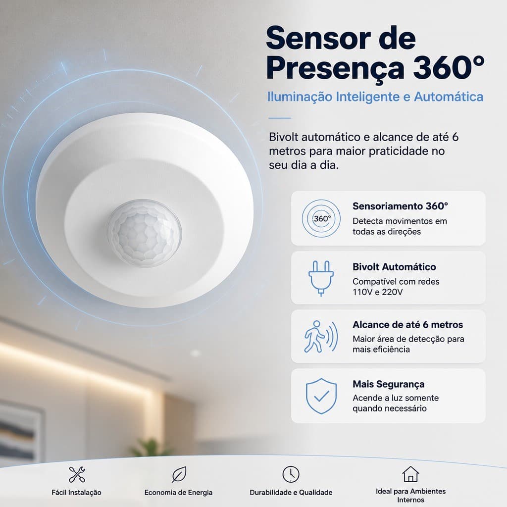 Sensor De Presença Teto 360 Graus Bivolt Para Iluminação