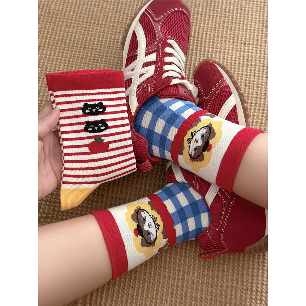 Desossado primavera outono meias femininas bonito dos desenhos animados coreano estilo Preppy meio tubo meias listrado ú
