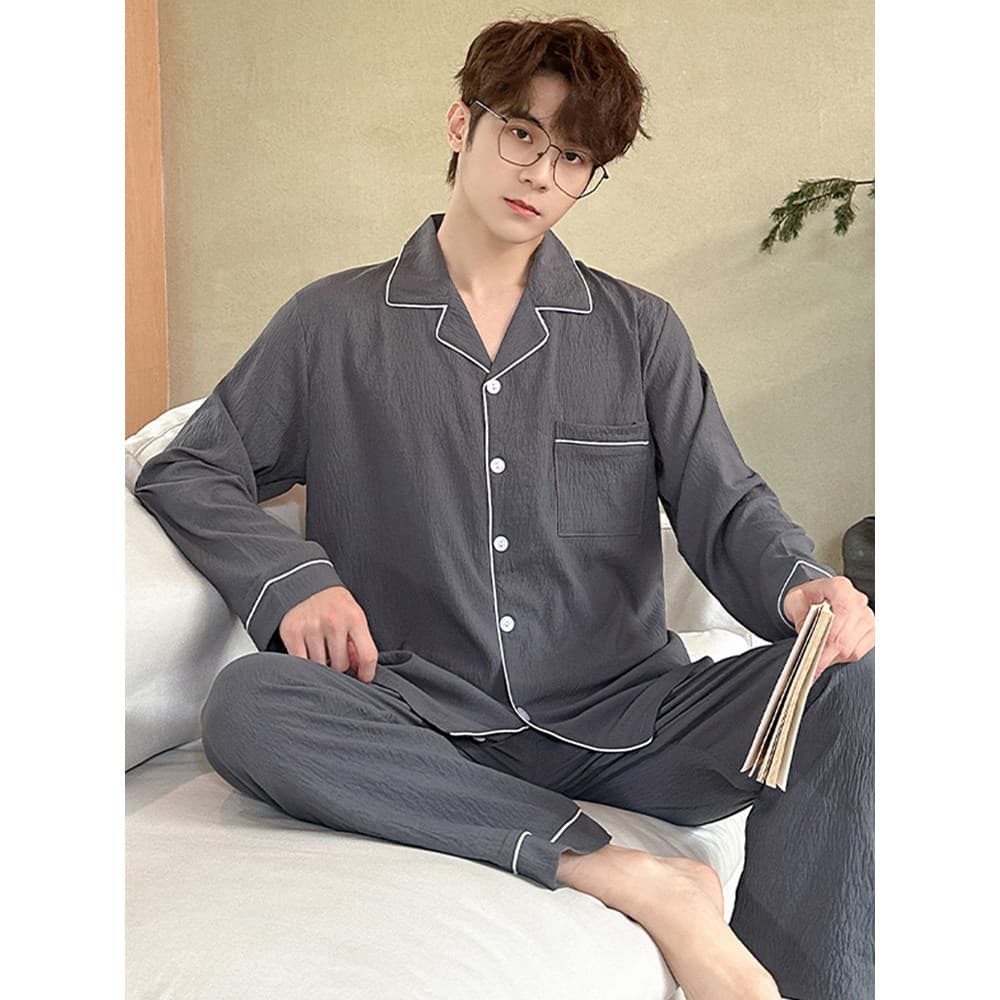 Pijamas masculinos de cor sólida primavera outono nuvem algodão manga comprida lapela Cardigan masculino Casual Plus Siz