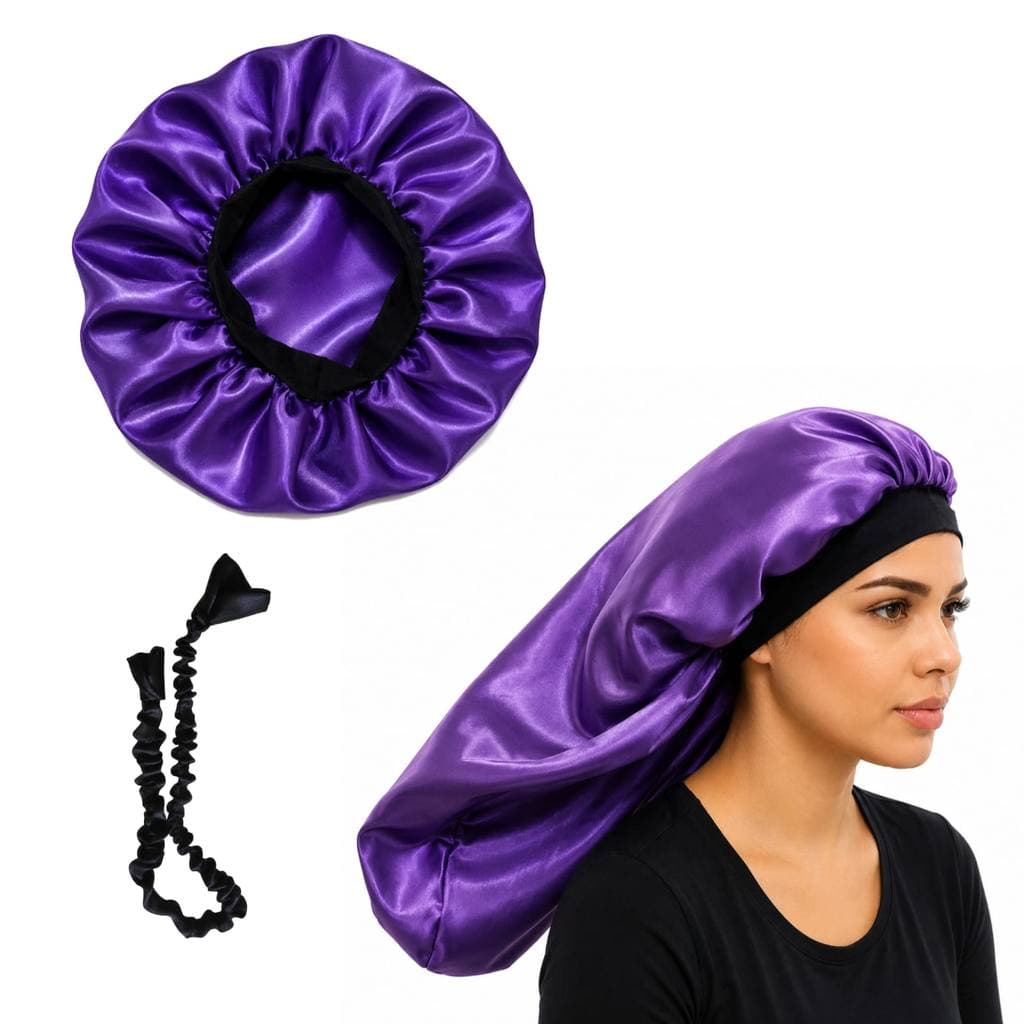 Uma Touca de cetim, uma Touca Longa de Cetim e Um Afro Puff de Cetim