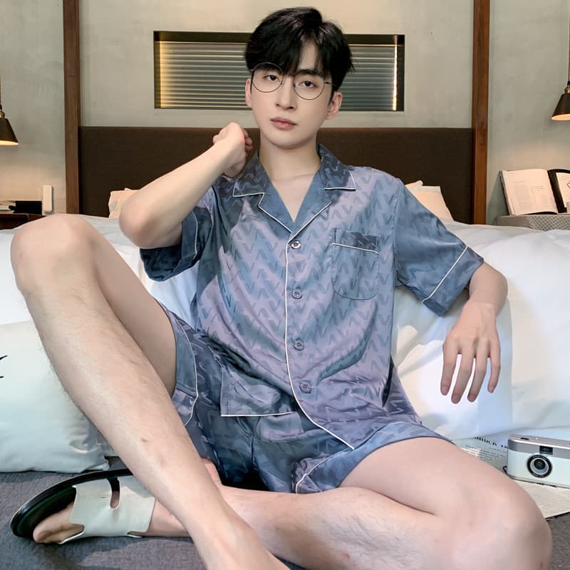 [Novo produto] Pijamas masculinos Shorts de manga curta fino gelo seda verão masculino verão seda meninos podem usar for