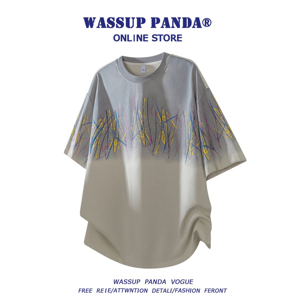 WASSUP PANDA Gradiente Graffiti Camiseta de manga curta masculina verão novo estilo Street Wear seda gelo legal solto me