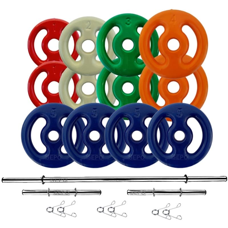 Kit Anilhas Emborrachadas 40 Kg + Barras 2x 40cm + 1x 1.50m