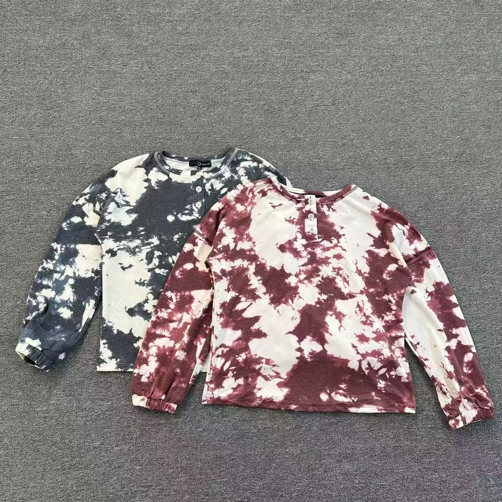 M6001 Início do Outono Solto Retro Tie-Dye Henry Collar Camiseta de manga comprida com cordão solto