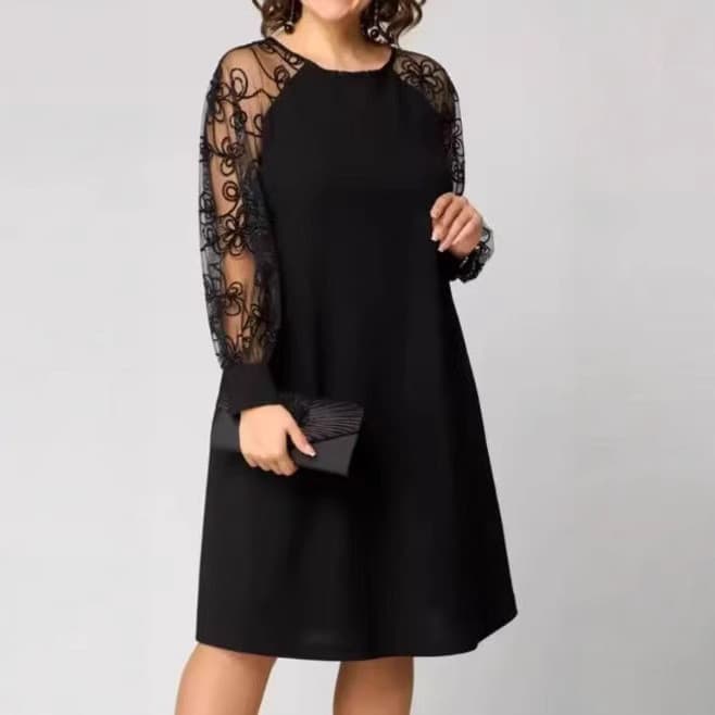 2026 Moda Novo Estilo Costura Renda Venda Quente Vestido de Manga Comprida Gola Redonda