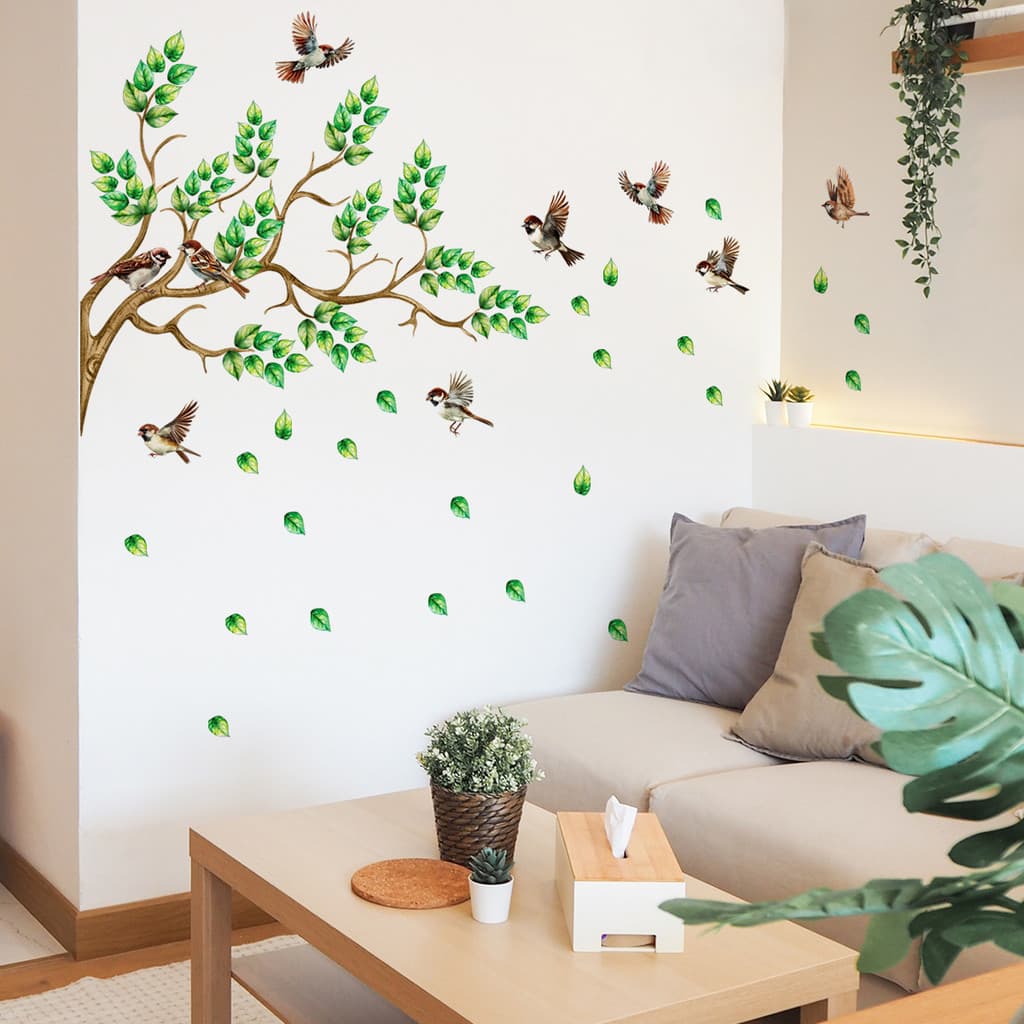Adesivos de parede plantas verdes ramos de flores pássaros adesivos de parede sala de estar quarto fundo parede decoraçã