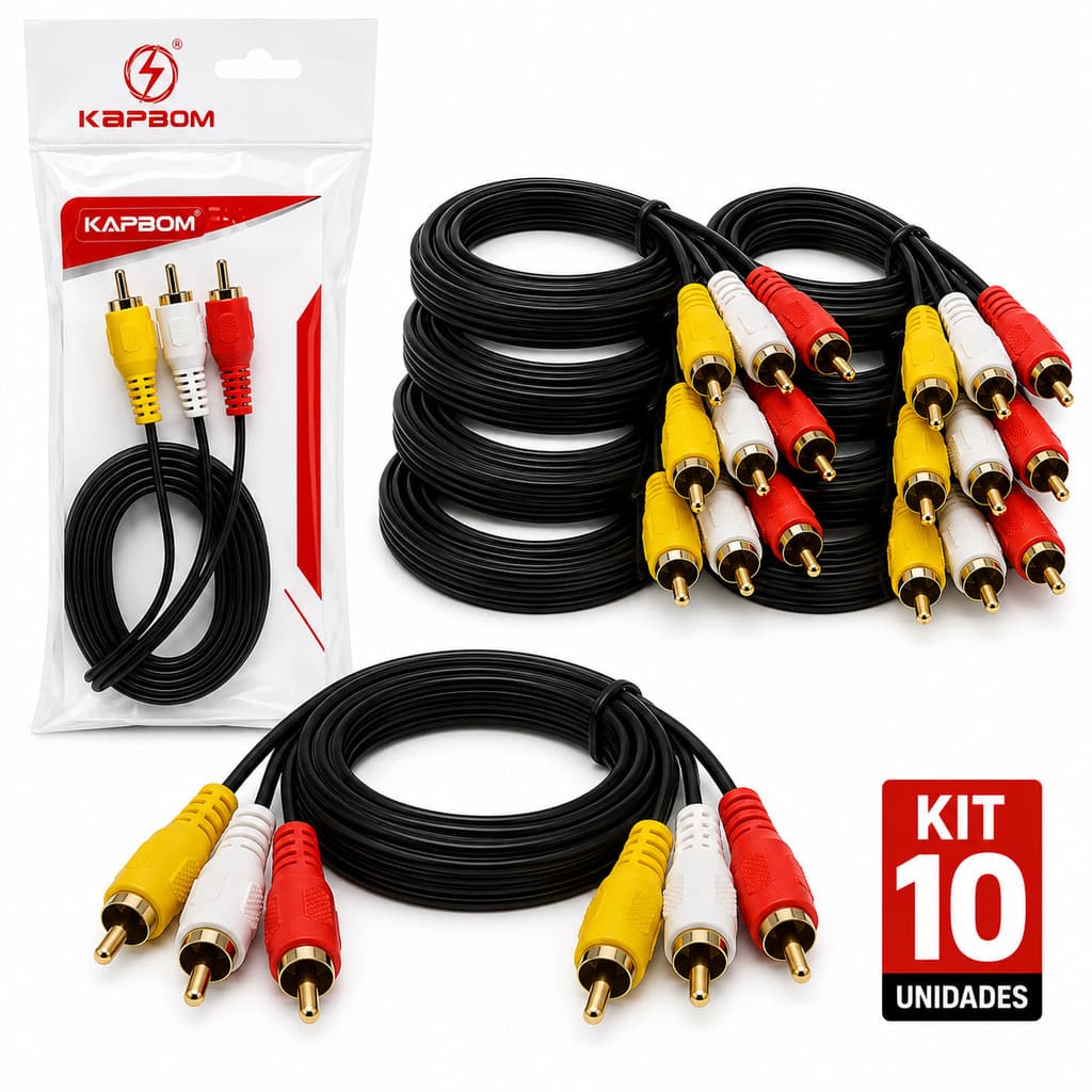 Cabo 3 RCA AV Audio e Video 1.5m Universal Macho Alta Qualidade Para TV DVD e Videogames