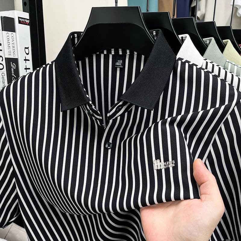 2026 Novo POLO Masculino De Manga Curta Verão Impresso Lapela Fina Legal Listrado casual Topo