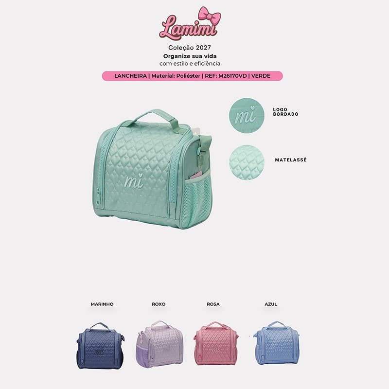 Lancheira Térmica Lamimi Matelassê Coração Cores Verde Marinho Roxo Rosa Azul Bolsa Lanche com Alça de Mão e Alça Transv