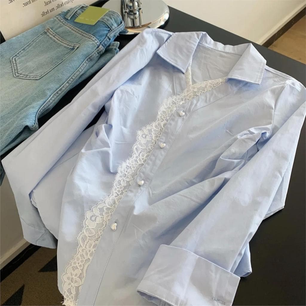 Desconto de marca roupas femininas contador comércio exterior Design nicho renda camisa azul feminina primavera outono v