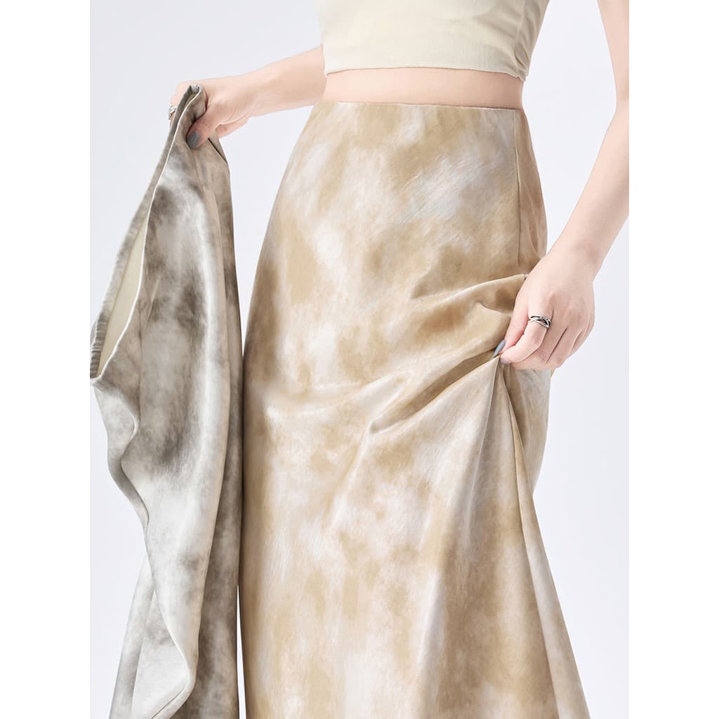 Pintura a tinta Tie-Dye cetim acetato tecido saia feminina verão Drape cintura alta mais magro olhar nádegas grande bala