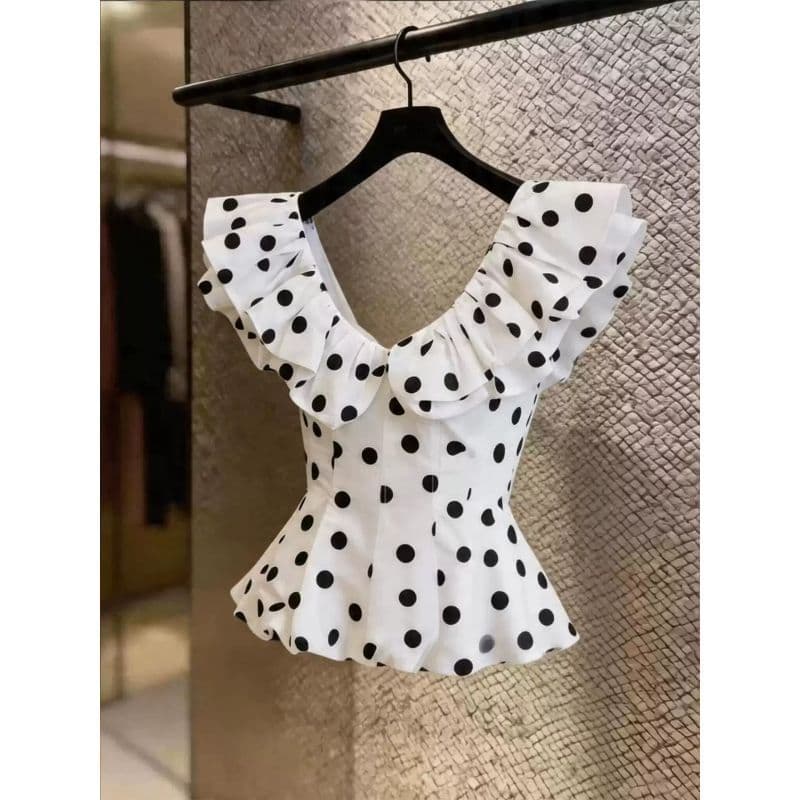 [Novidades] Estilo coreano leve estilo luxuoso bolinhas manga folha de lótus Top branco, 2026 novo estilo camisa pequena