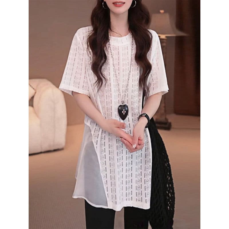 Branco oco renda de manga curta camiseta feminina 2026 verão novo estilo meados de comprimento gaze costura solta fina t