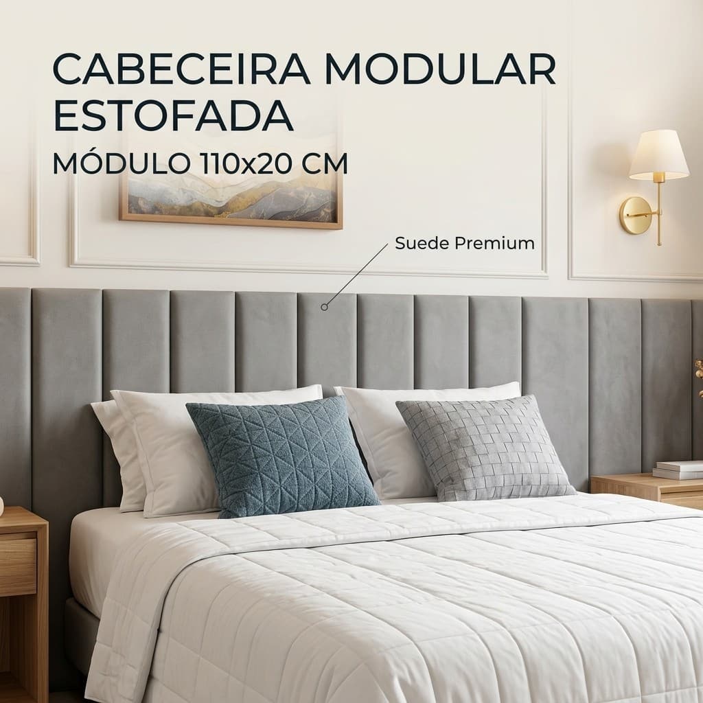 Cabeceira Modular Estofada 110x20 Adesiva Suede MDF para Cama Solteiro Casal Queen King Super King Sem Furar Parede