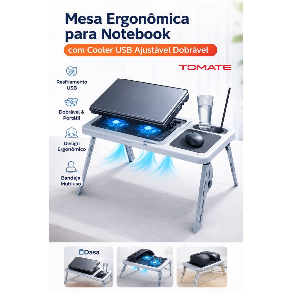 Mesa Ergonômica para Notebook com Cooler USB Ajustável Dobrável Portátil com Suporte para Mouse e Copo