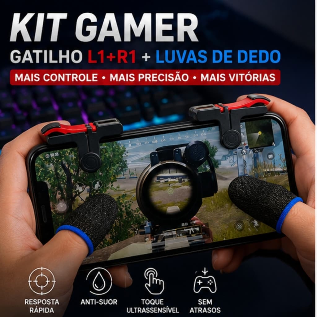 Kit Gamer Celular Gatilho L1 R1 + Par Luva Dedo Antissuor Touchscreen Android iOS Free Fire PUBG COD Jogos Mobile