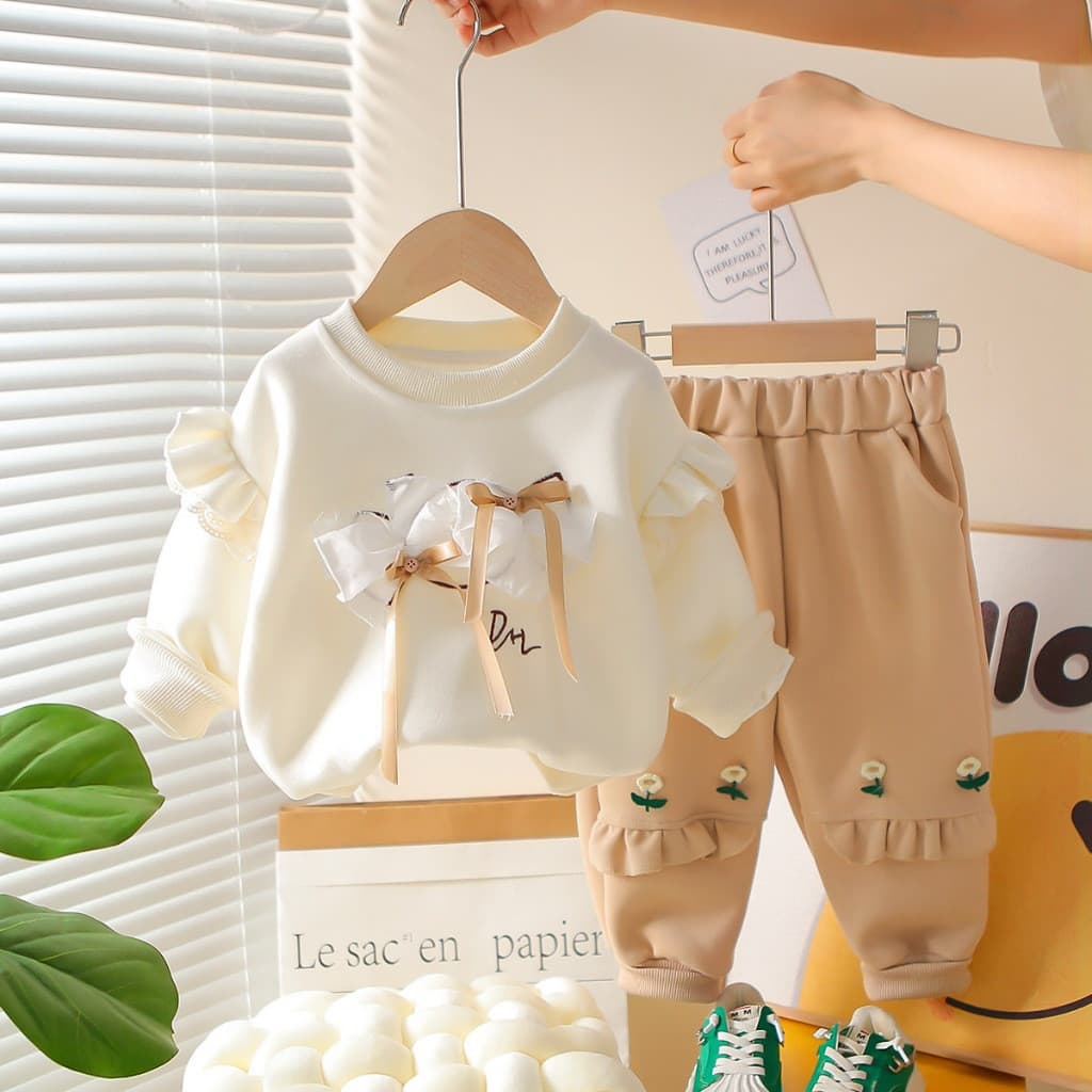 Conjunto de Roupas para Meninas de 1 a 5 Anos, Outono Inverno 2026, Suéteres Casuais com Padrão de Laço + Calças, 2 Peça