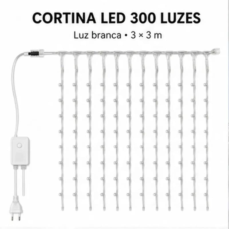 Cortina LED de Natal 300 LEDs Luz Branca com Controlador 3x3m – OIH-9603
