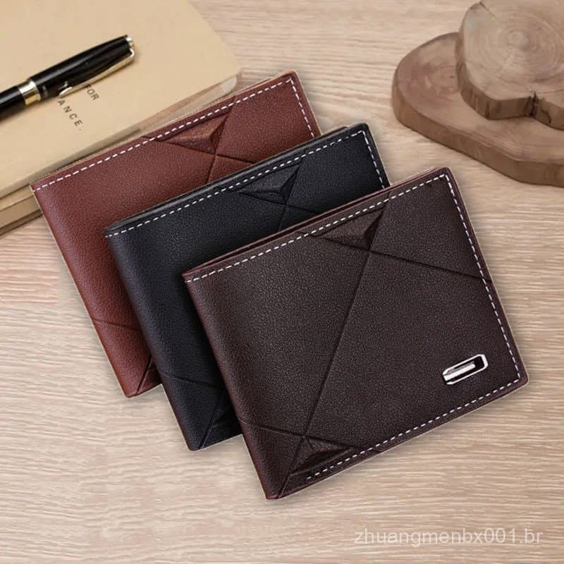 Porta-cartões curto, carteira masculina de couro, carteira masculina curta de grande capacidade com duas dobras NHJH