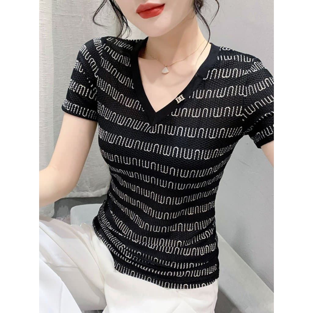 Ombro positivo temperamento com decote em V impresso manga curta camiseta feminina verão Retro moda redução de idade S