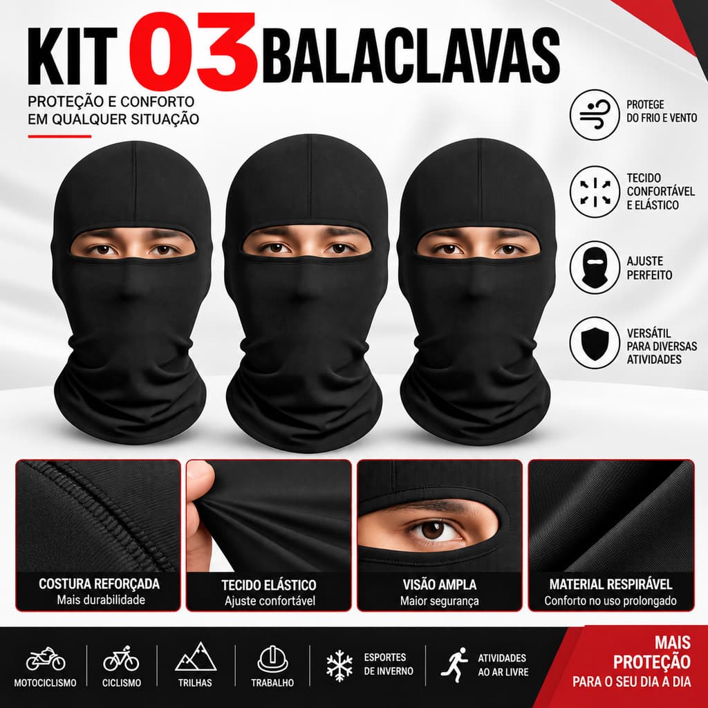 Promoçao Kit 3 Balaclava Touca Ninja Preta Proteção UV – Moto, Bike, Pesca, Uso Tático, Airsoft e Paintball