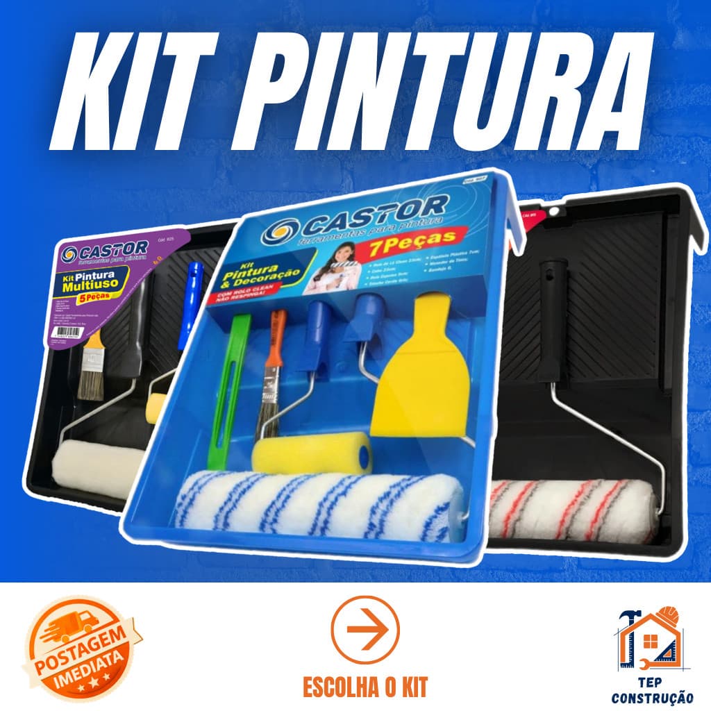 Kit Pintura Parede 7 peças Bandeja G + Rolo 23cm + Rolo 9cm + Espátula + Cabo + Trincha + Mexedor