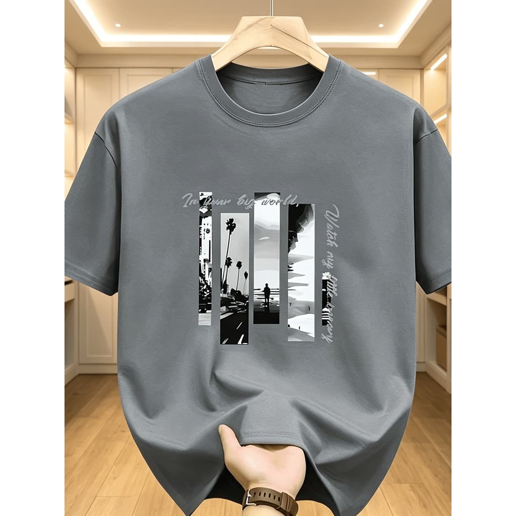 Camiseta de manga curta com gola redonda, impressa na frente com padrões de quadro de histórias de paisagem urbana e equ