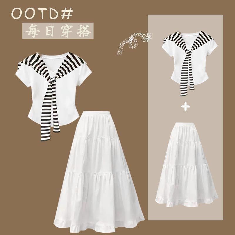 2026 Novo Estilo Social Feminino Estilo Branco Com Decote Em V Manga Curta + Saia Branca Terno WJG26.9.3