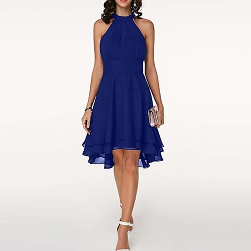 Vestido Feminino Gola Halter Chiffon Sem Mangas Bico Assimétrico Festa Coquetel Elegante Para Casamento