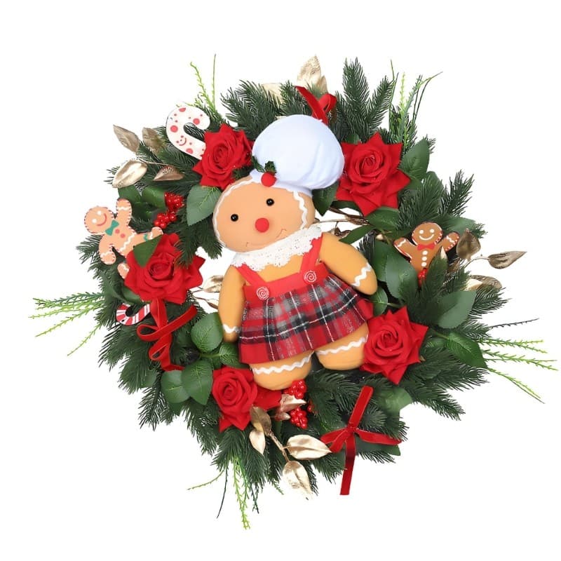 YU Decoração Suspensa De Natal Com Rosas Vermelhas , Laço De Fita Verde , Motivos Vermelhos Redondos E Figuras De Biscoi