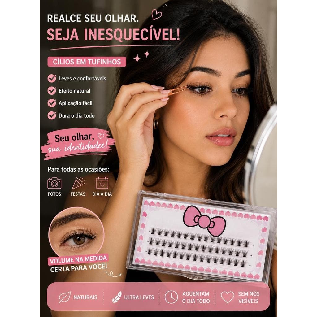 Cílios Postiços em Tufos Sem Nó Efeito Natural e Delicado 12pcs Fibra Sintética 8/10/12/14mm Curvatura D 0,07mm
