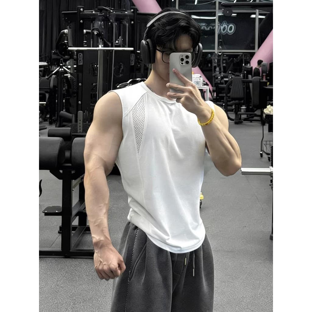 Estilo americano malha respirável moletom colete masculino verão estilo fino de secagem rápida sem mangas camiseta rufiã