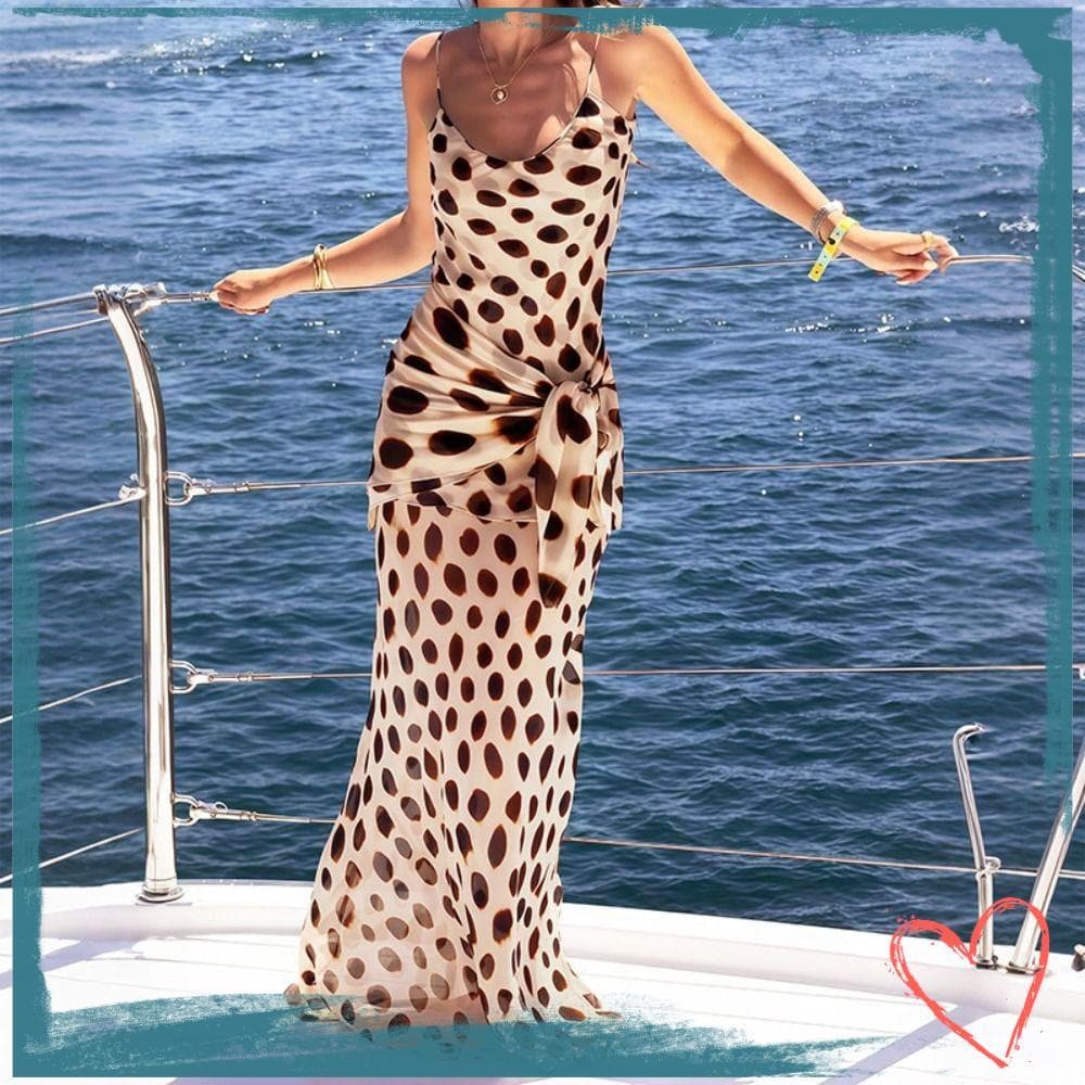 Vestido Deslizante MIHAN , Maxi Com Faixa Lateral Slim Fit Sem Mangas Estampa De Leopardo E Alças Finas