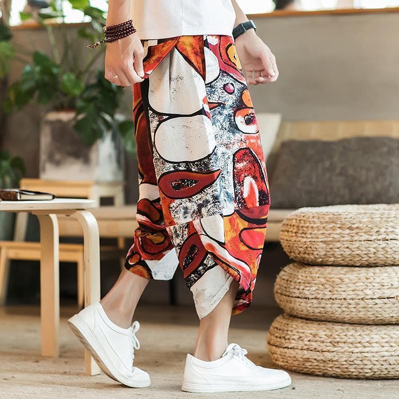 Calças de praia masculinas soltas tamanho grande calças cortadas de perna larga Casual estilo chinês algodão 7 pontos Ha
