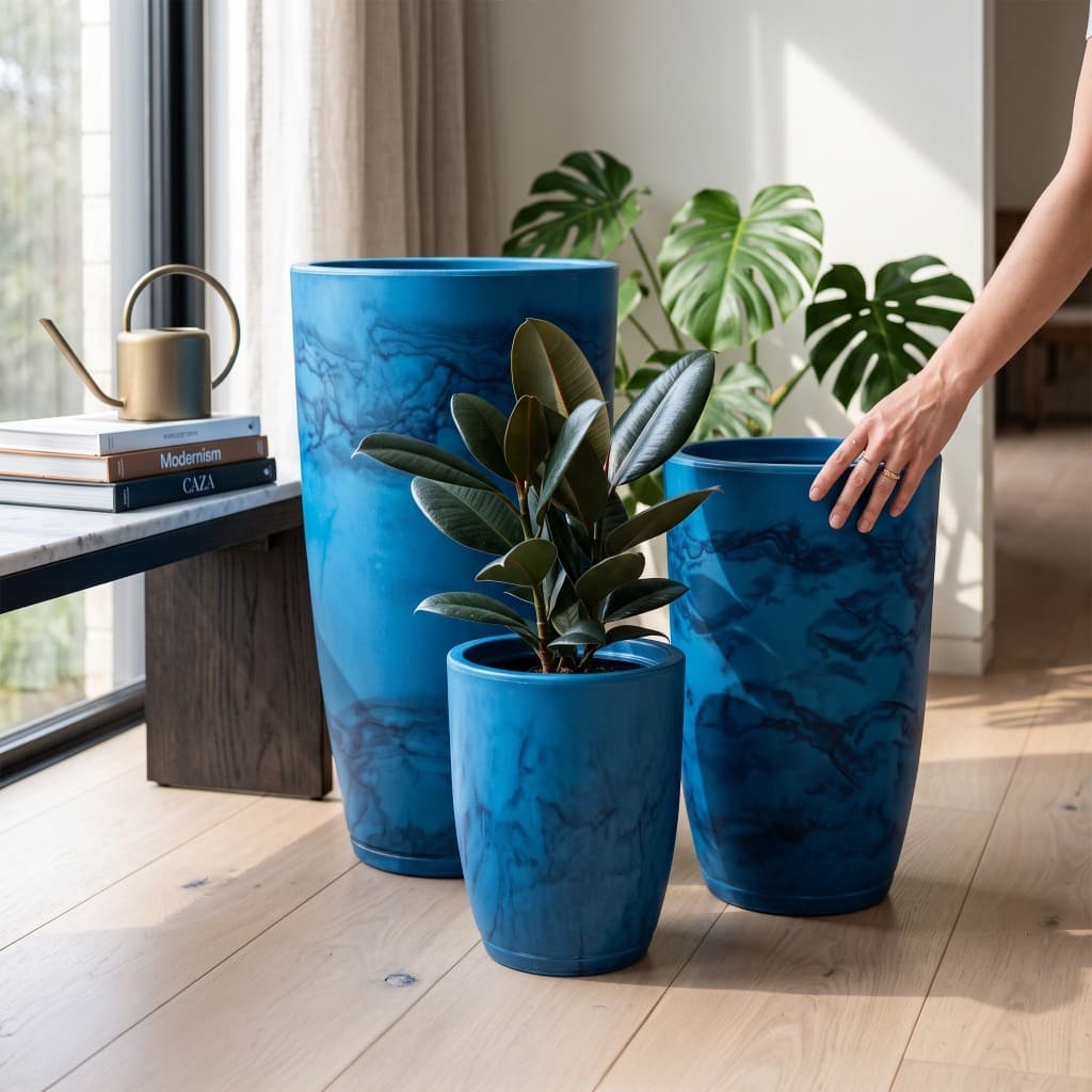Conjunto 3 Vasos Cone Bojo Polido Marmorizado Elegante Ornamental Polietileno Moderno Para plantas flores sala jardim