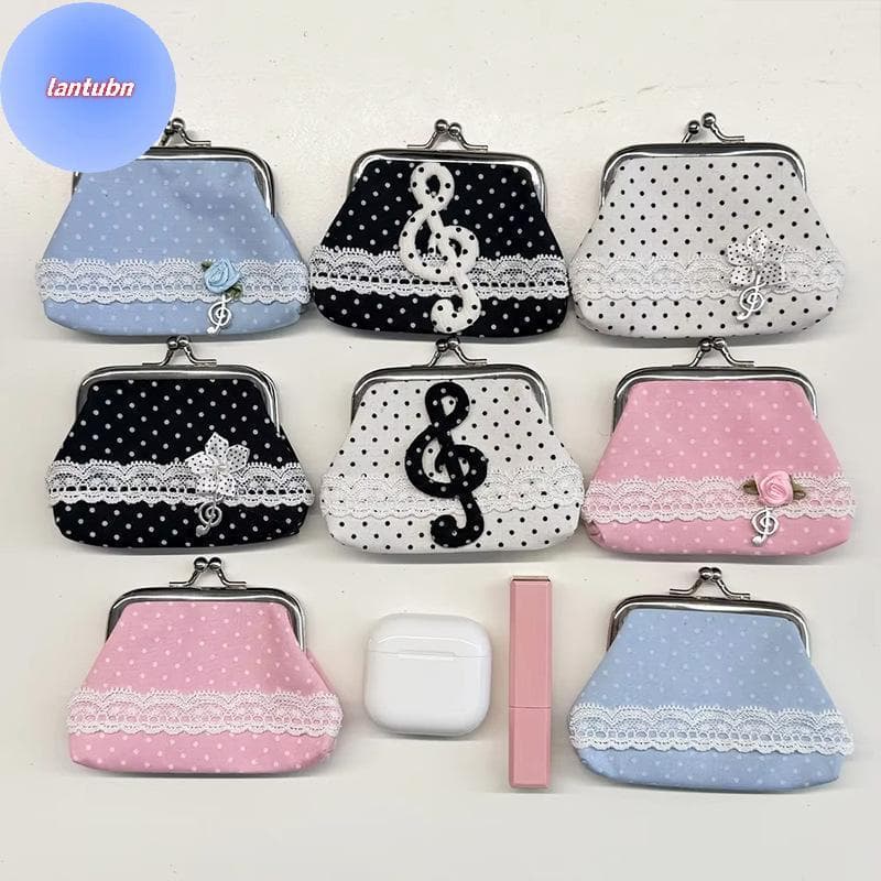 LANTUBN Bonito Estética Y2K Mini Carteira Onda Ponto Artesanal Renda Moeda Bolsa Portátil Fone De Ouvido Para Presente F