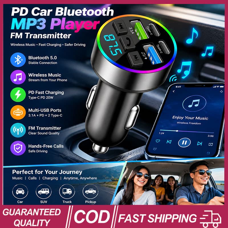 66W Carregador De Carro Transmissor Fm Pd Rápido 4 Portas Duplo Usb + Tipo-C Telefone Bluetooth 5.0 Leitor De Música Ace