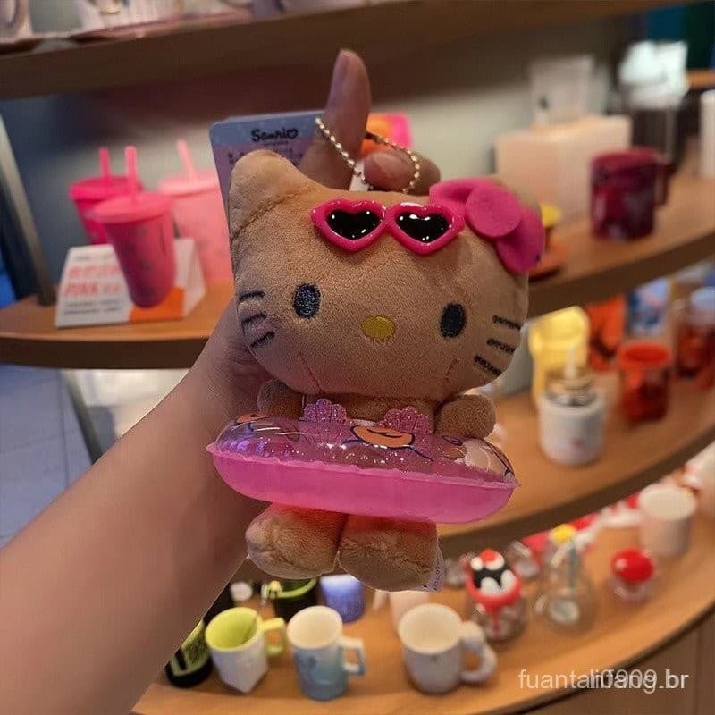 Chaveiro Kawaii Hello Kitty Havaiano Sanrio Pingente Brinquedo de Pelúcia Cartoon Anel de Natação Marrom Branco Chaveiro